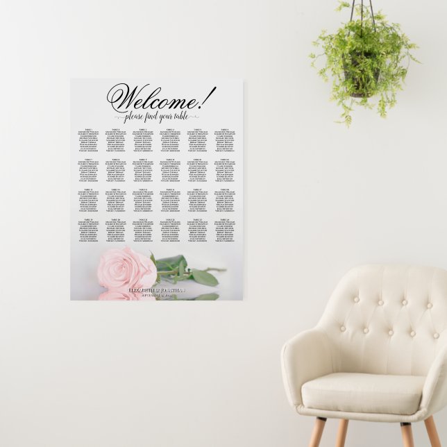 Welcome! 24 Table Pink Rose Wedding Seating Chart Foam Board (In Situ (Wall))