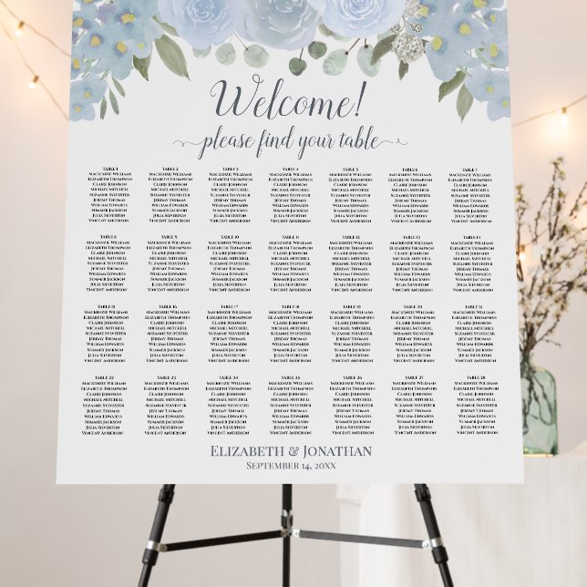 Welcome! 28 Table Dusty Blue Floral Seating Chart Foam Board (In Situ (Stand))