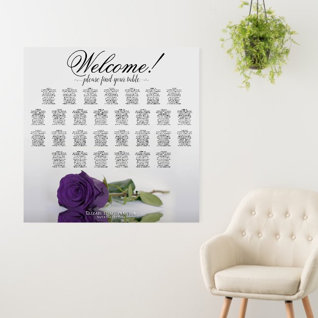 Welcome! 29 Table Royal Purple Rose Seating Chart Foam Board (In Situ (Wall))