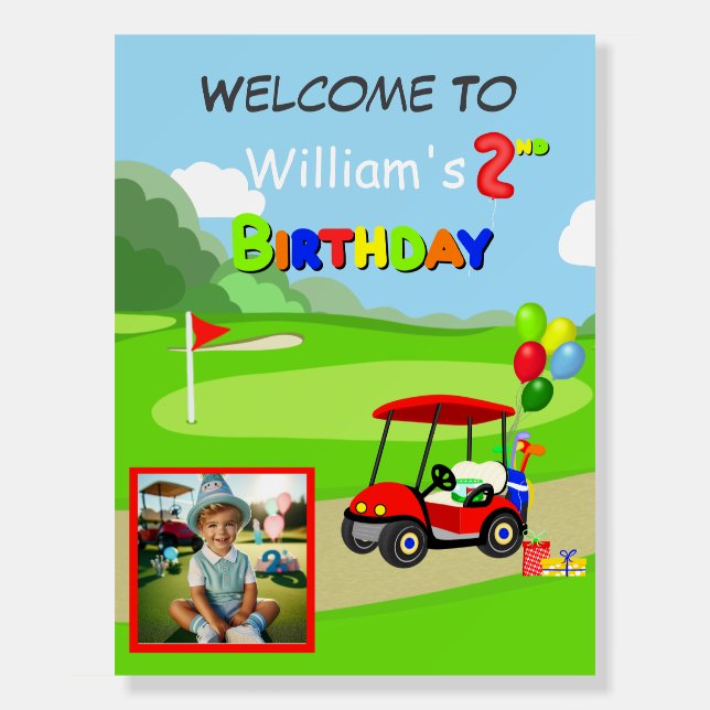 Welcome 2nd Photo Birthday Red Golf Cart Boy's Foam Board (Front)