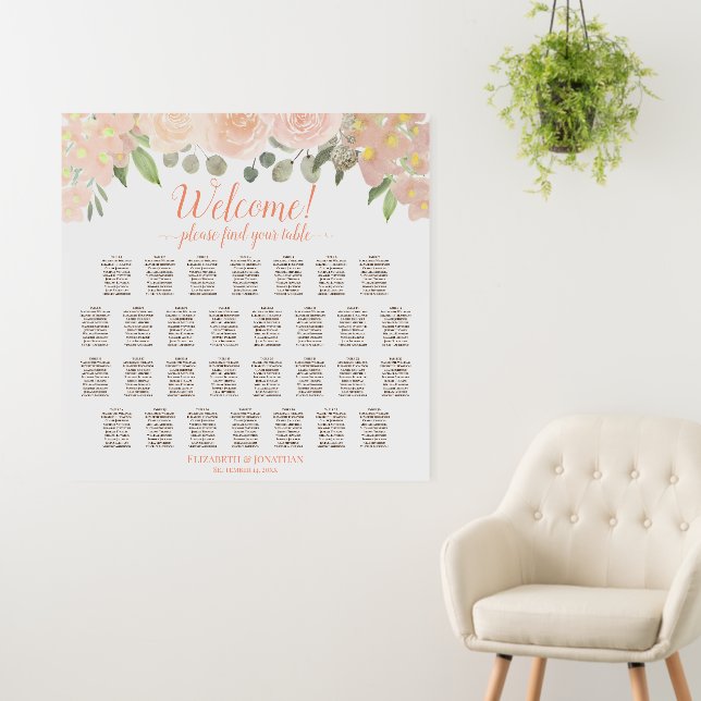 Welcome! 30 Table Coral Peach Floral Seating Chart Foam Board (In Situ (Wall))