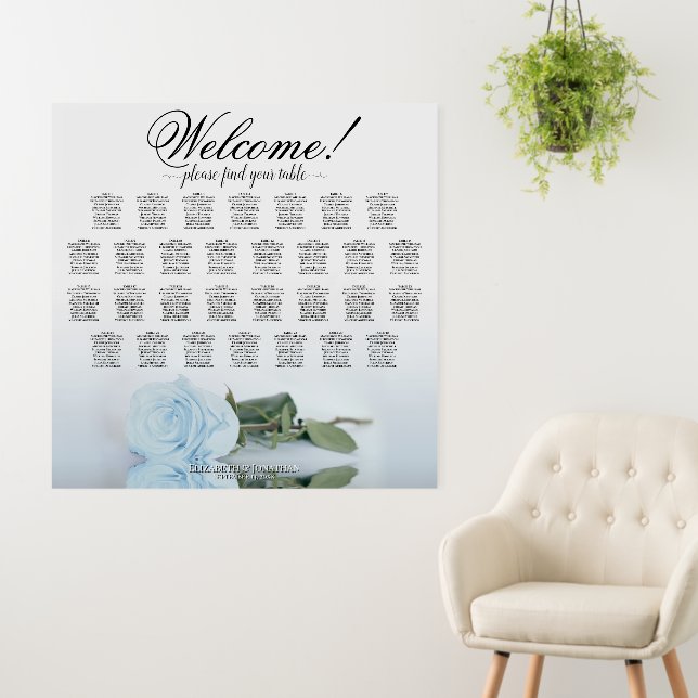 Welcome! 30 Table Dusty Blue Rose Seating Chart Foam Board (In Situ (Wall))