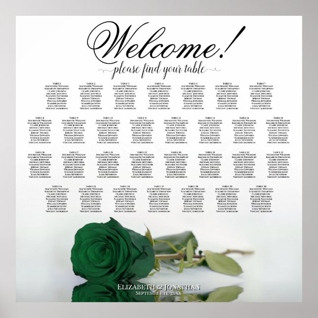 Welcome! 30 Table Emerald Green Rose Seating Chart (Front)