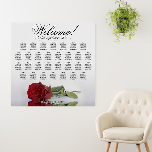 Welcome! 30 Table Red Rose Wedding Seating Foam Board (In Situ (Wall))