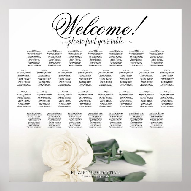 Welcome! 30 Table White Rose Wedding Seating Chart (Front)