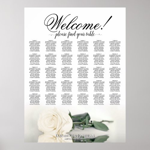 Welcome! 30 Table White Rose Wedding Seating Chart