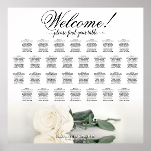 Welcome 30 Table White Rose Wedding Seating Chart