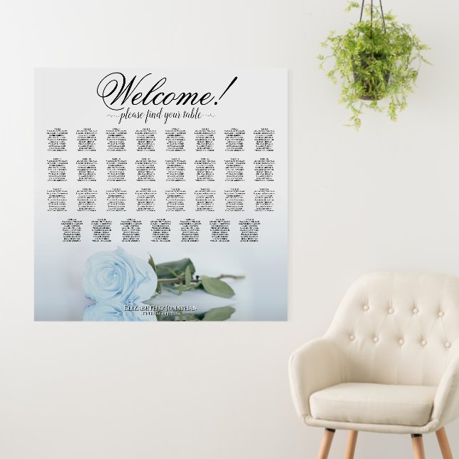 Welcome! 31 Table Dusty Blue Rose Seating Chart Foam Board (In Situ (Wall))
