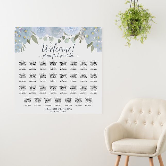 Welcome! 31 Table Dusty Blue Roses Seating Chart Foam Board (In Situ (Wall))