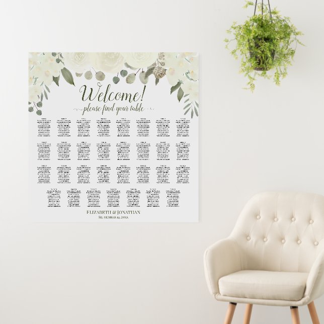 Welcome! 31 Table Ivory White Roses Seating Chart Foam Board (In Situ (Wall))
