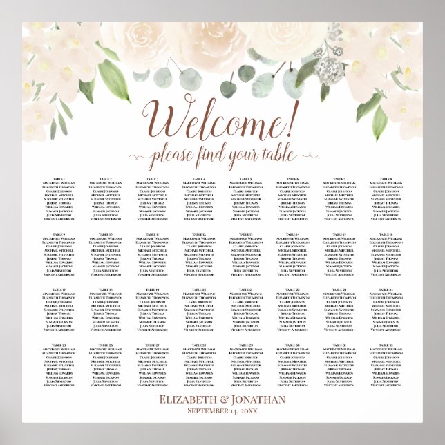 Welcome! 32 Table Pale Peach Floral Seating Chart (Front)