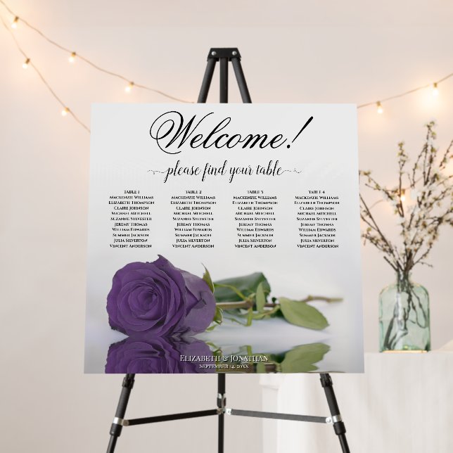 Welcome 4 Table Amethyst Purple Rose Seating Chart Foam Board (In Situ (Stand))