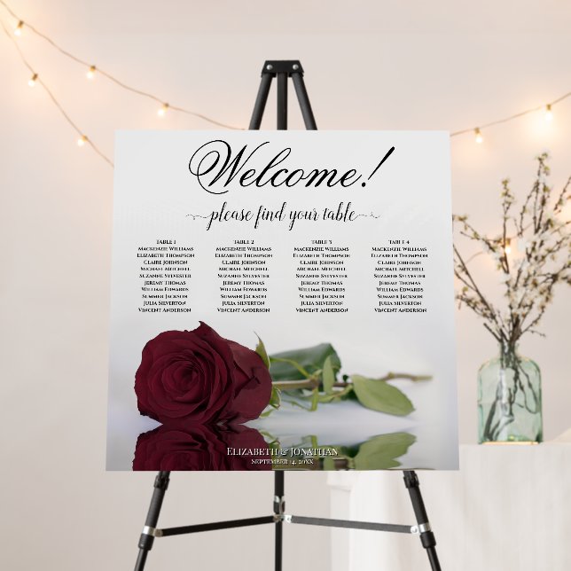 Welcome! 4 Table Burgundy Rose Seating Chart Foam Board (In Situ (Stand))