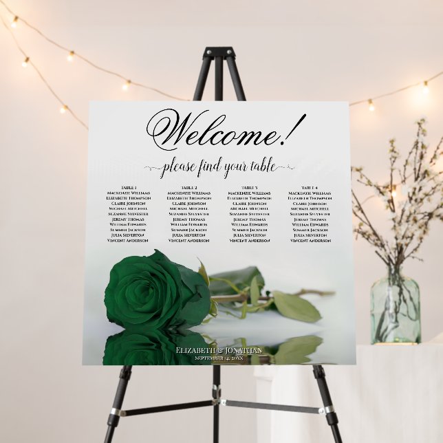 Welcome! 4 Table Emerald Green Rose Seating Chart Foam Board (In Situ (Stand))