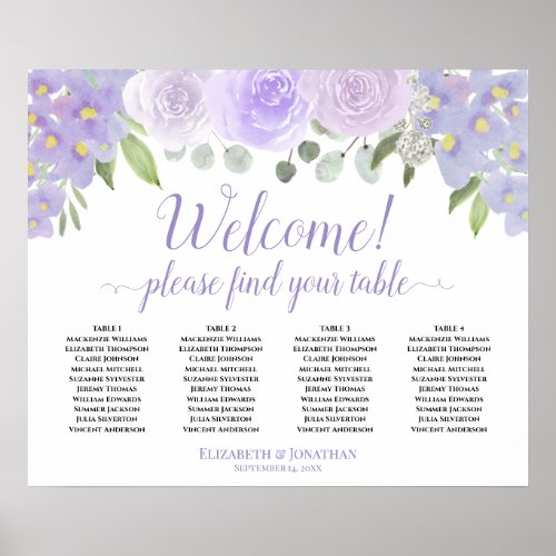 Welcome 4 Table Pale Purple Roses Seating Chart
