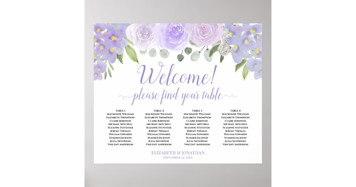 Welcome! 4 Table Pale Purple Roses Seating Chart | Zazzle