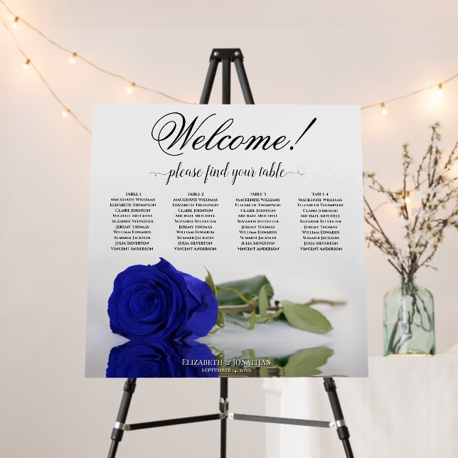 Welcome! 4 Table Royal Blue Rose Seating Chart Foam Board (In Situ (Stand))