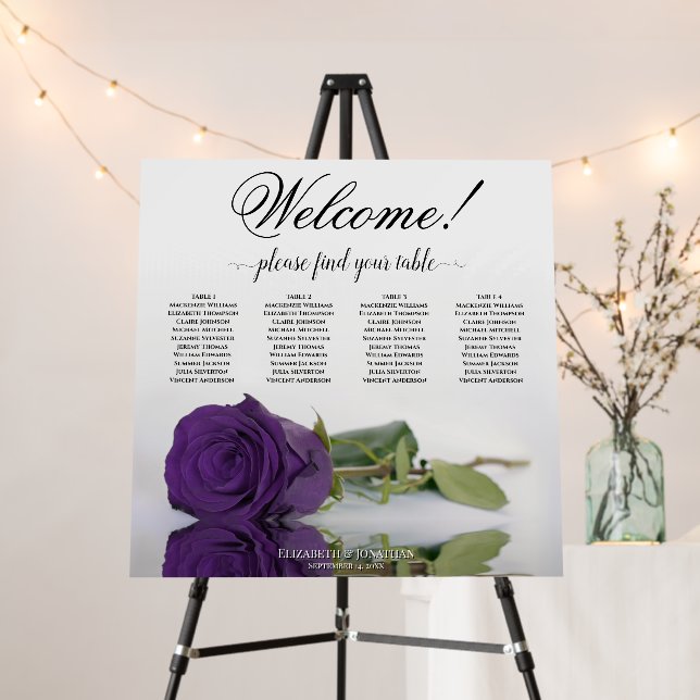 Welcome! 4 Table Royal Purple Rose Seating Chart Foam Board (In Situ (Stand))