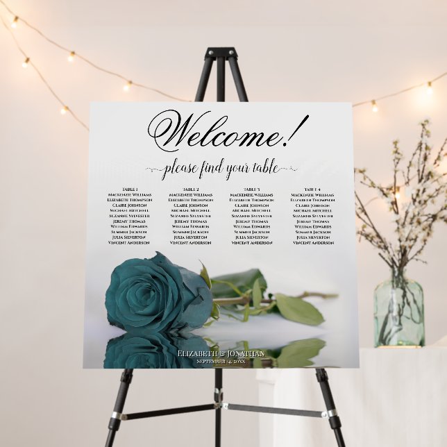 Welcome! 4 Table Teal Rose Wedding Seating Chart Foam Board (In Situ (Stand))