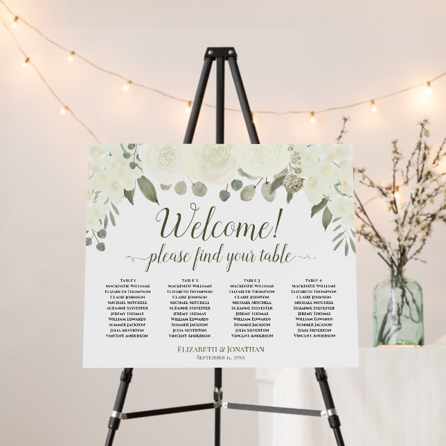 Welcome! 4 Table White Floral Boho Seating Chart Foam Board (In Situ (Stand))
