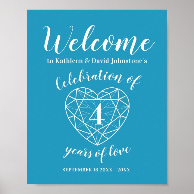 Welcome 4th anniversary heart personalized blue poster (Front)