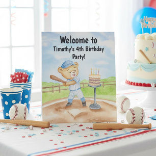 Welcome 4th Birthday Tee Ball Teddy Bear Baseball Pedestal Sign