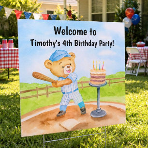 Welcome 4th Birthday Tee Ball Teddy Bear Baseball Sign