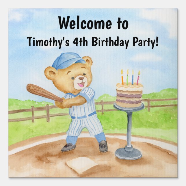 Welcome 4th Birthday Tee Ball Teddy Bear Baseball Sign (Front)