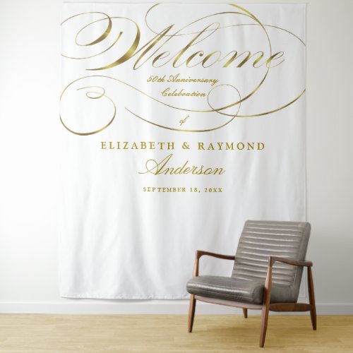 Welcome 50th Anniversary Elegant Silver Script Tapestry