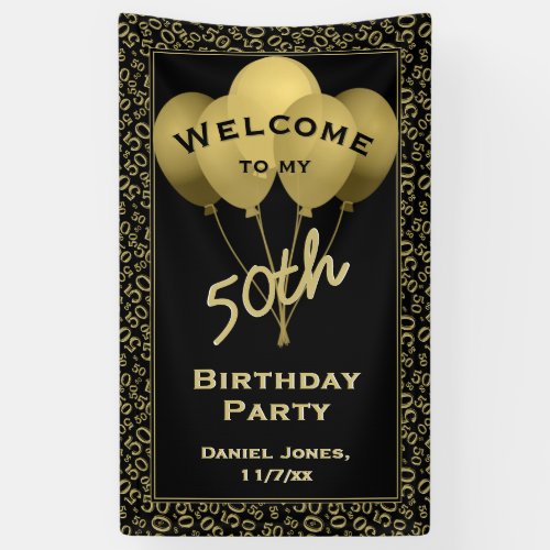 Welcome 50th Birthday Number Patten Gold and Black Banner