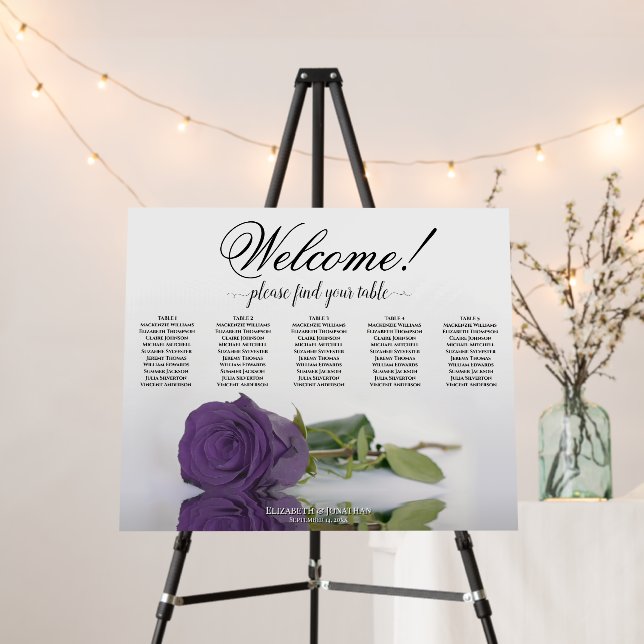 Welcome 5 Table Amethyst Purple Rose Seating Chart Foam Board (In Situ (Stand))