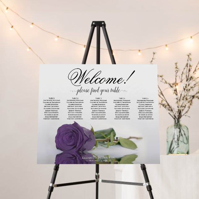Welcome 5 Table Amethyst Purple Rose Seating Chart Foam Board (In Situ (Stand))