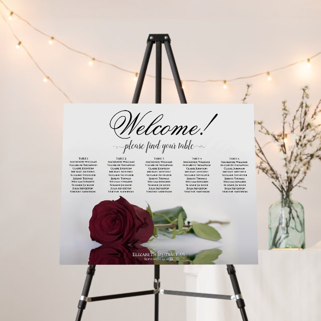 Welcome! 5 Table Burgundy Rose Seating Chart Foam Board (In Situ (Stand))