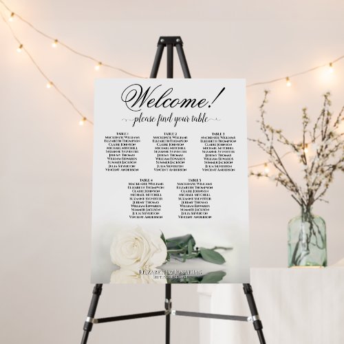Welcome! 5 Table Elegant White Rose Seating Chart Foam Board