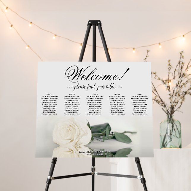 Welcome! 5 Table Elegant White Rose Seating Chart Foam Board (In Situ (Stand))