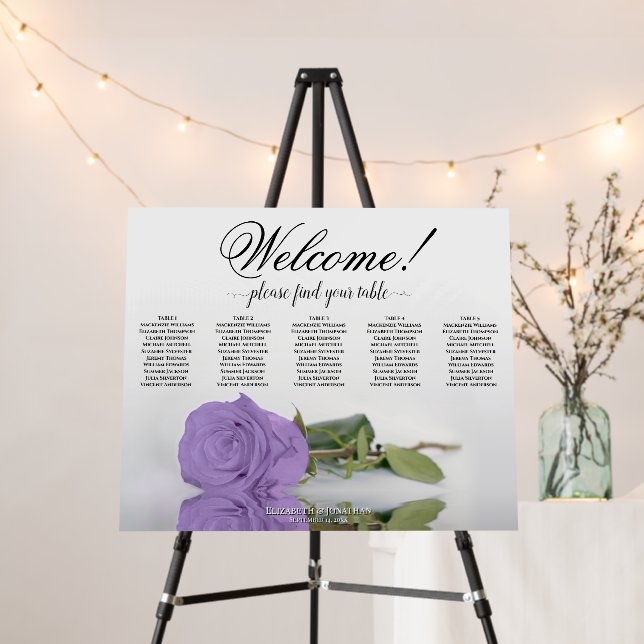 Welcome 5 Table Lavender Purple Rose Seating Chart Foam Board (In Situ (Stand))