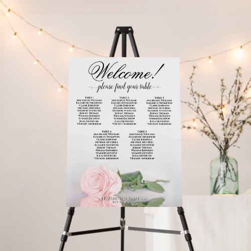Welcome! 5 Table Pink Rose Wedding Seating Chart Foam Board