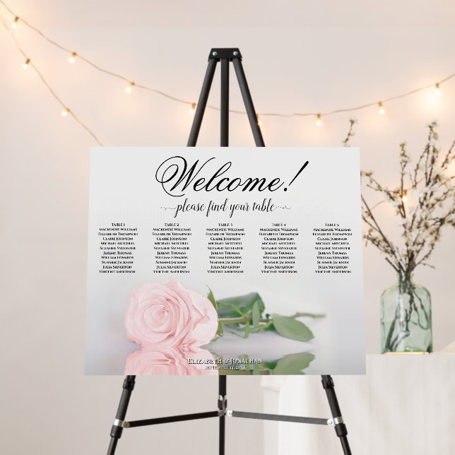 Welcome! 5 Table Pink Rose Wedding Seating Chart Foam Board (In Situ (Stand))