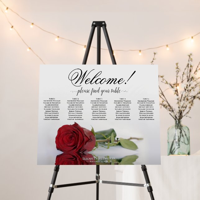 Welcome! 5 Table Red Rose Wedding Seating Chart Foam Board (In Situ (Stand))
