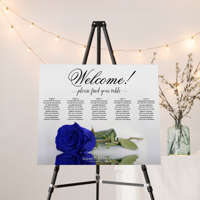 Welcome! 5 Table Royal Blue Rose Seating Chart Foam Board (In Situ (Stand))