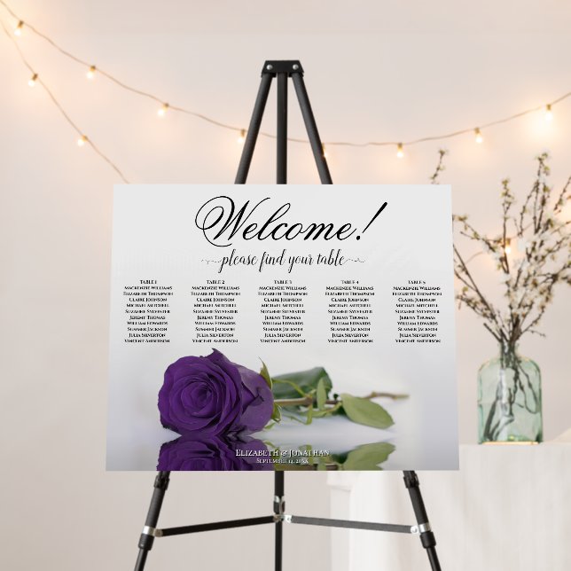 Welcome! 5 Table Royal Purple Rose Seating Chart Foam Board (In Situ (Stand))