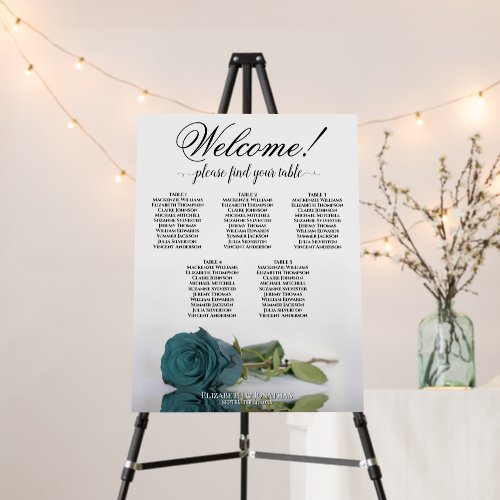 Welcome! 5 Table Teal Rose Wedding Seating Chart Foam Board
