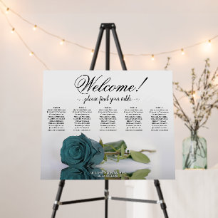 Welcome! 5 Table Teal Rose Wedding Seating Chart Foam Board