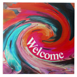 Welcome 60's Swirled Tie Dye Colorful House Rental Ceramic Tile