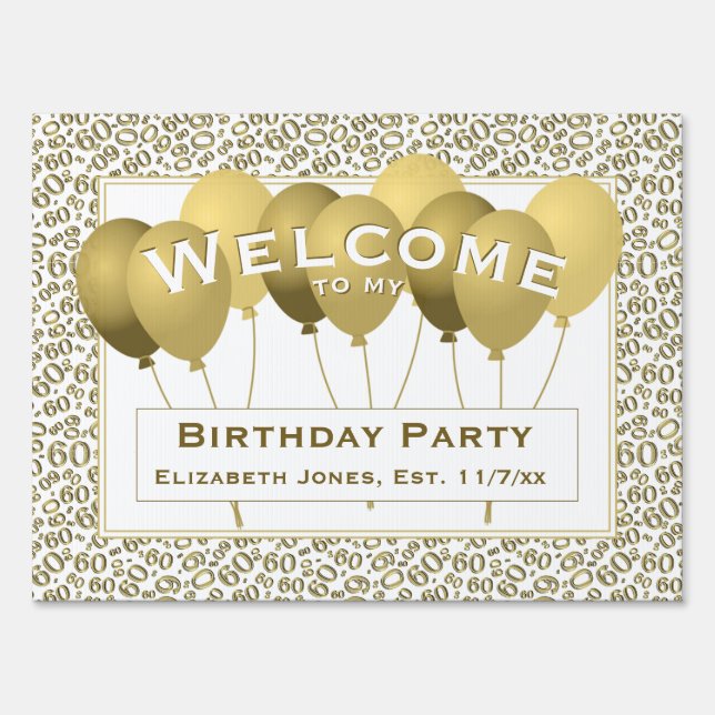 Welcome 60th Birthday Number Pattern | Gold/White Sign (Front)