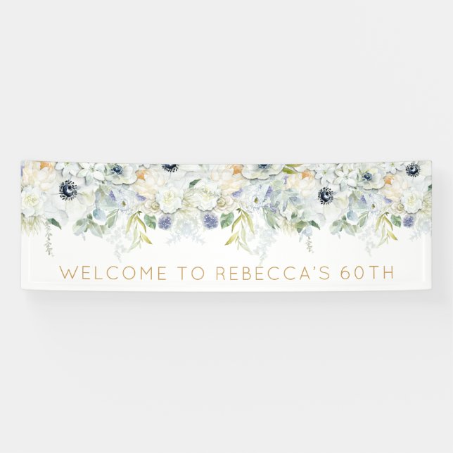 Welcome 60th Birthday Party Name Floral Leaves Banner (Horizontal)