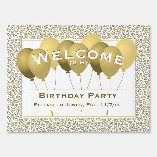Welcome 65th Birthday Number Pattern | Gold/White Sign (Front)