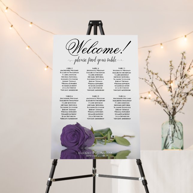 Welcome 6 Table Amethyst Purple Rose Seating Chart Foam Board (In Situ (Stand))