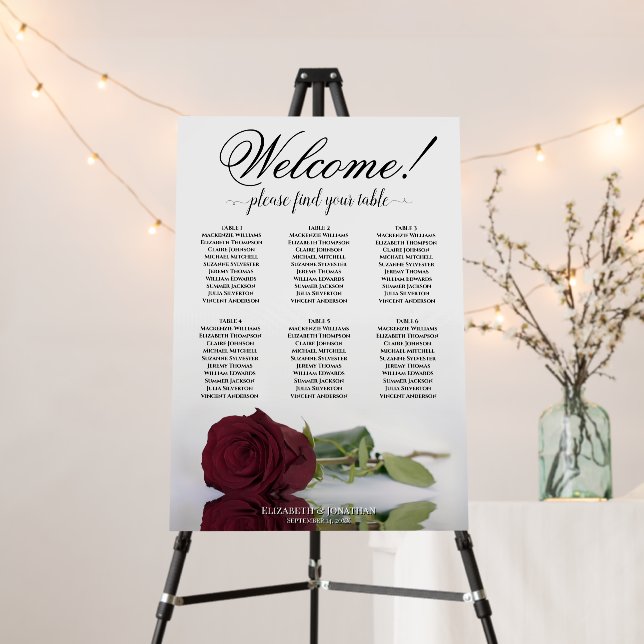 Welcome! 6 Table Burgundy Rose Seating Chart Foam Board (In Situ (Stand))