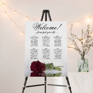 Welcome! 6 Table Burgundy Rose Seating Chart Foam Board